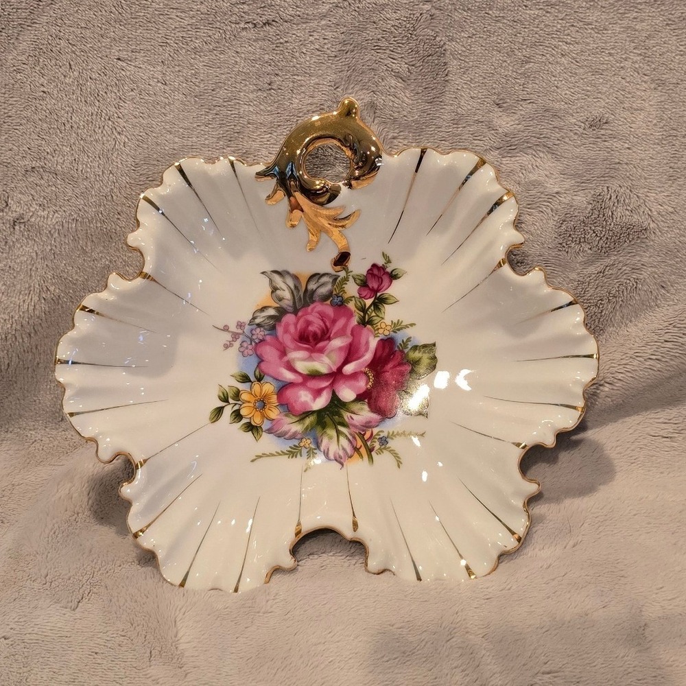 Vintag Porcelain Rose Floral Leaf Candy Dish Gold Trim Scalloped Trinket Bowl 8"